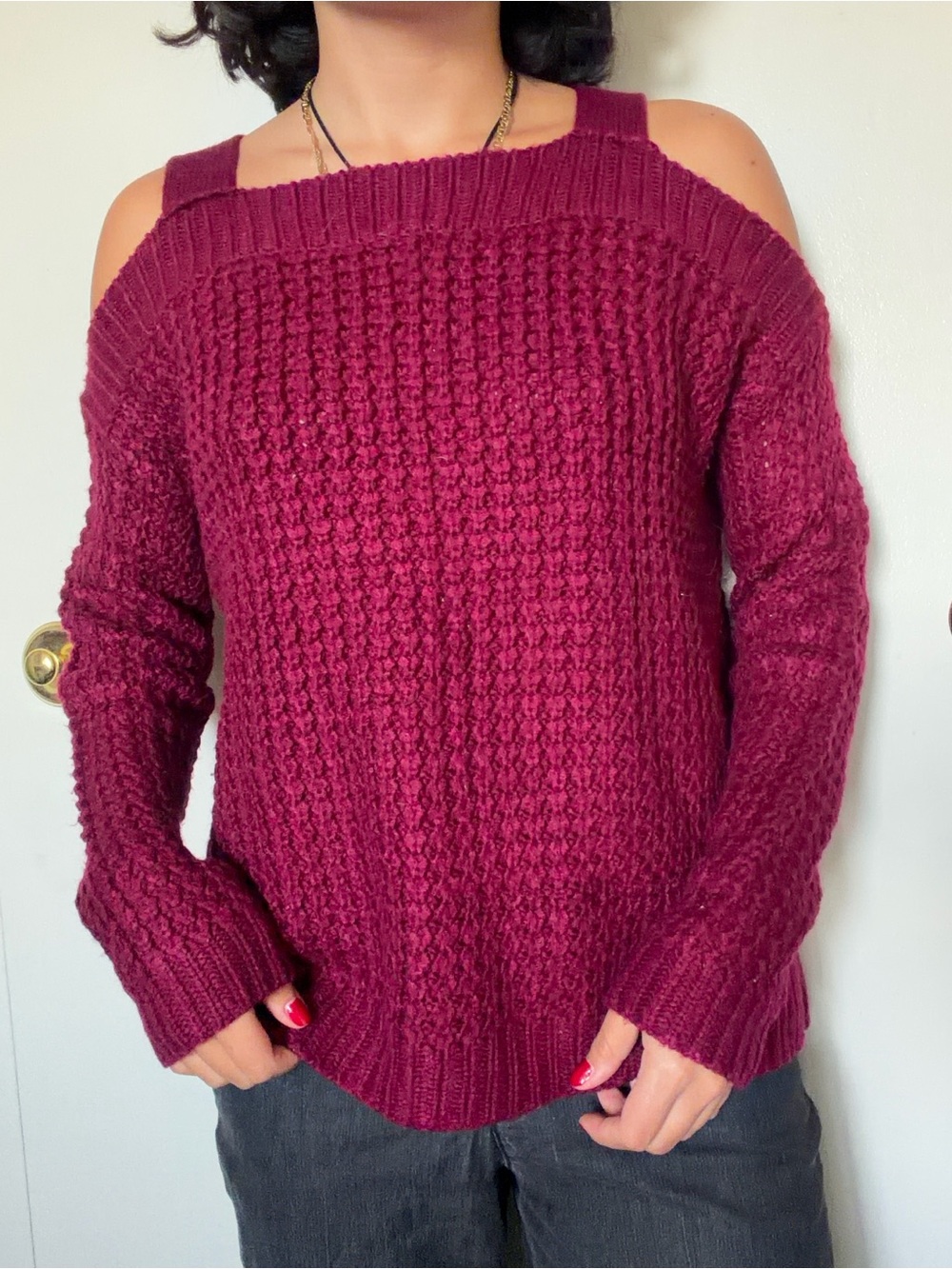 Hooked Up by IOT Burgundy Off-Shoulder Knit Sweater